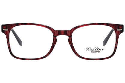 cellini square red eyeglasses frame viewed from front angle.