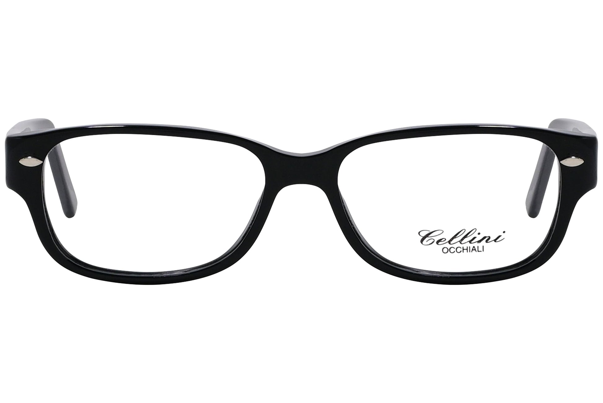 cellini rectangle black eyeglasses frame viewed from front angle.