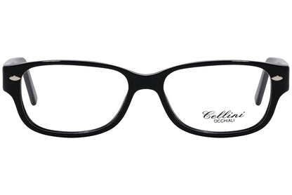 cellini rectangle black eyeglasses frame viewed from front angle.