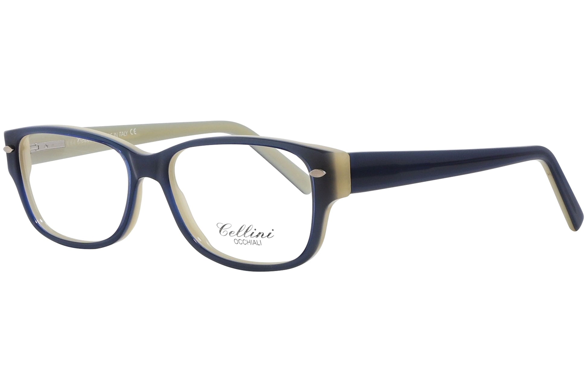 cellini rectangle blue eyeglasses frame viewed from a 45-degree angle.