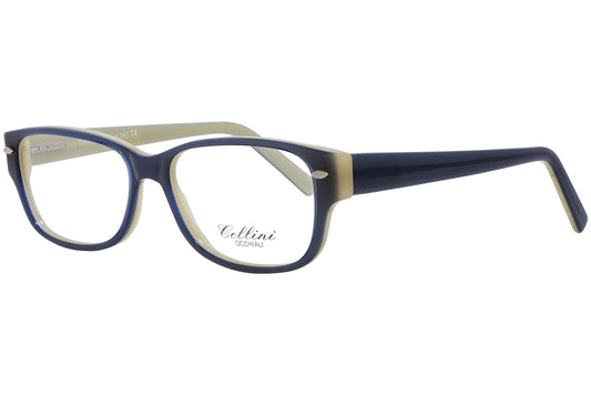 cellini rectangle blue eyeglasses frame viewed from a 45-degree angle.