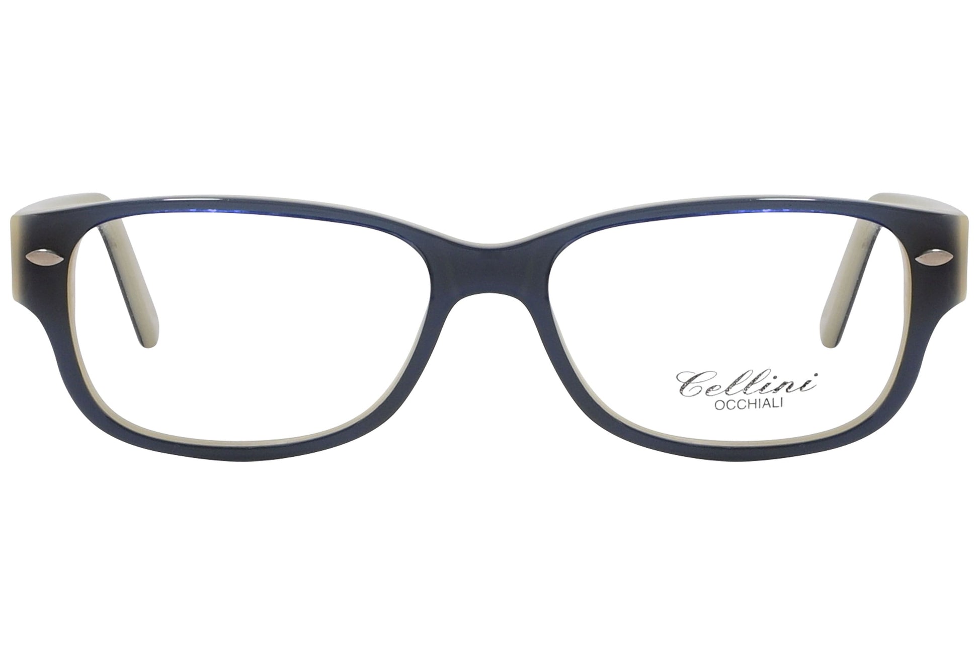 cellini rectangle blue eyeglasses frame viewed from front angle.