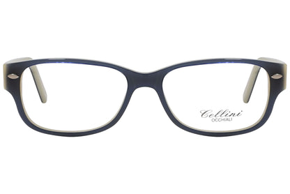 cellini rectangle blue eyeglasses frame viewed from front angle.