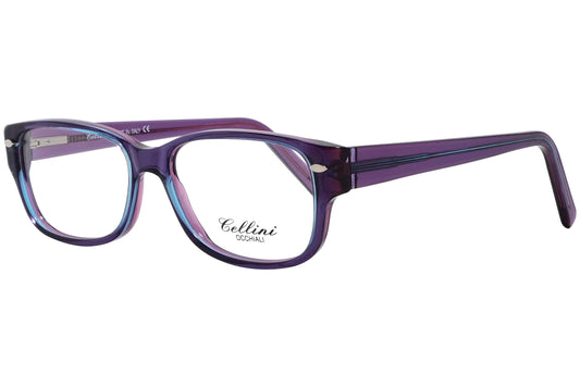 cellini rectangle purple eyeglasses frame viewed from a 45-degree angle.