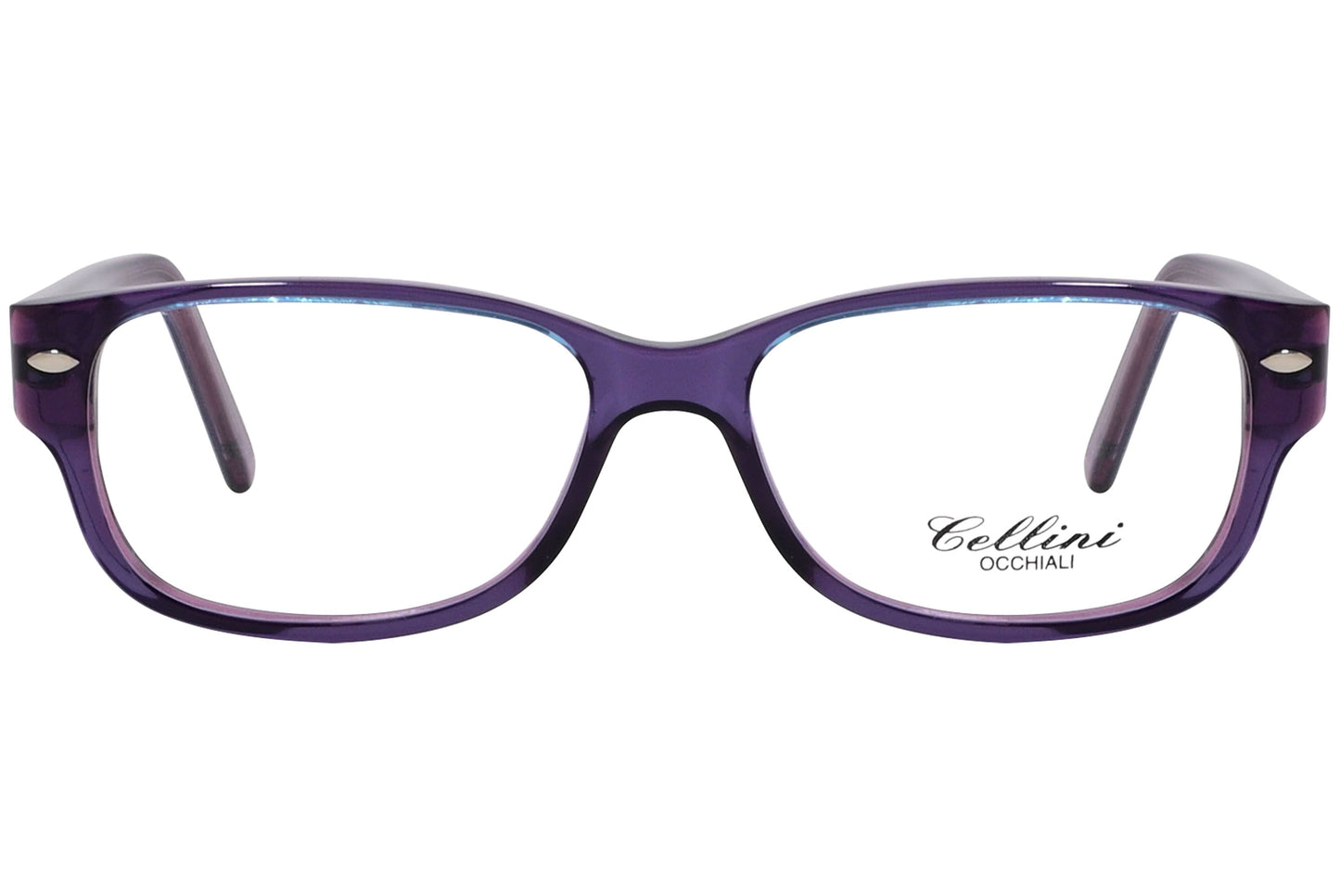 cellini rectangle purple eyeglasses frame viewed from front angle.