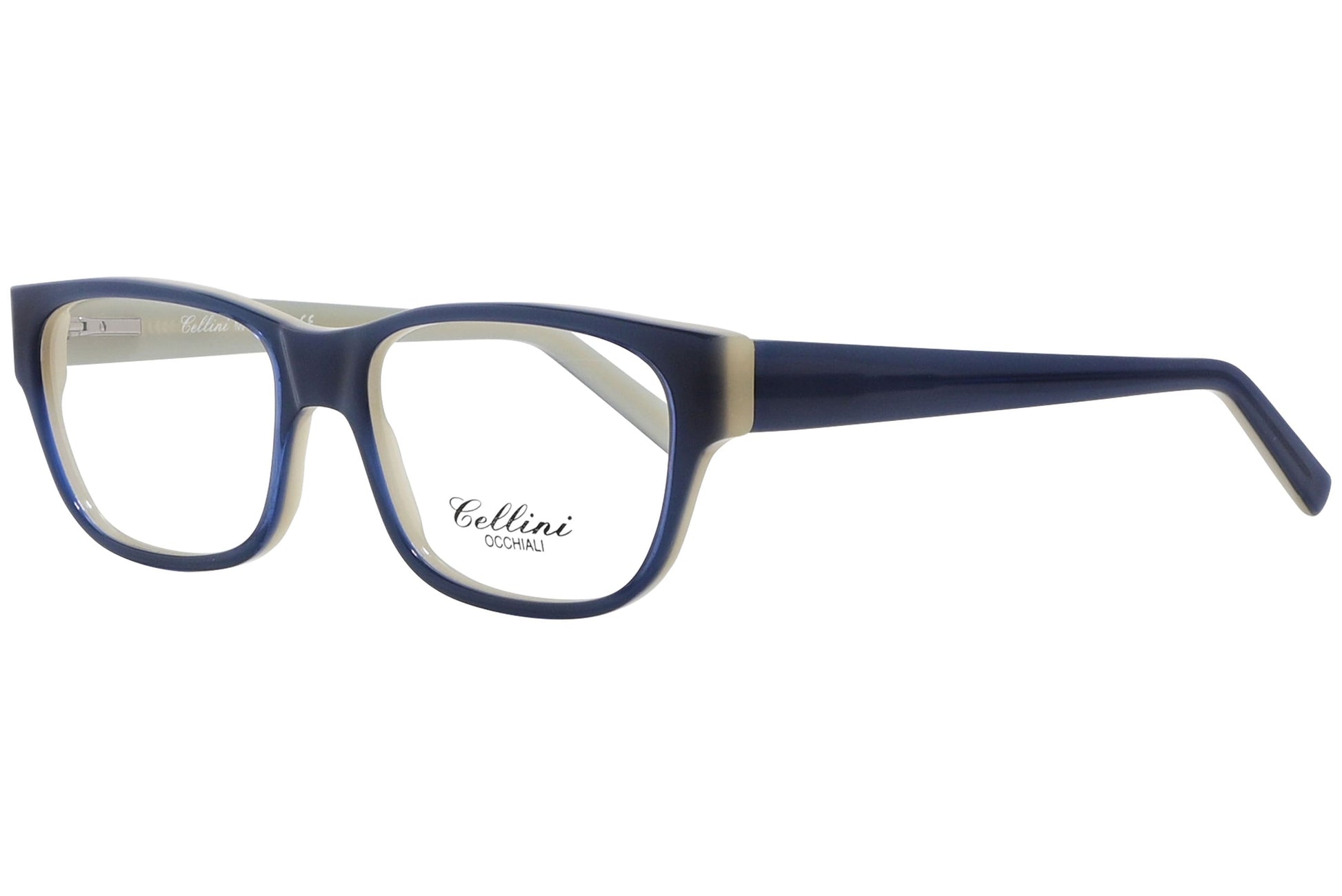 cellini wayfarer blue eyeglasses frame viewed from a 45-degree angle.