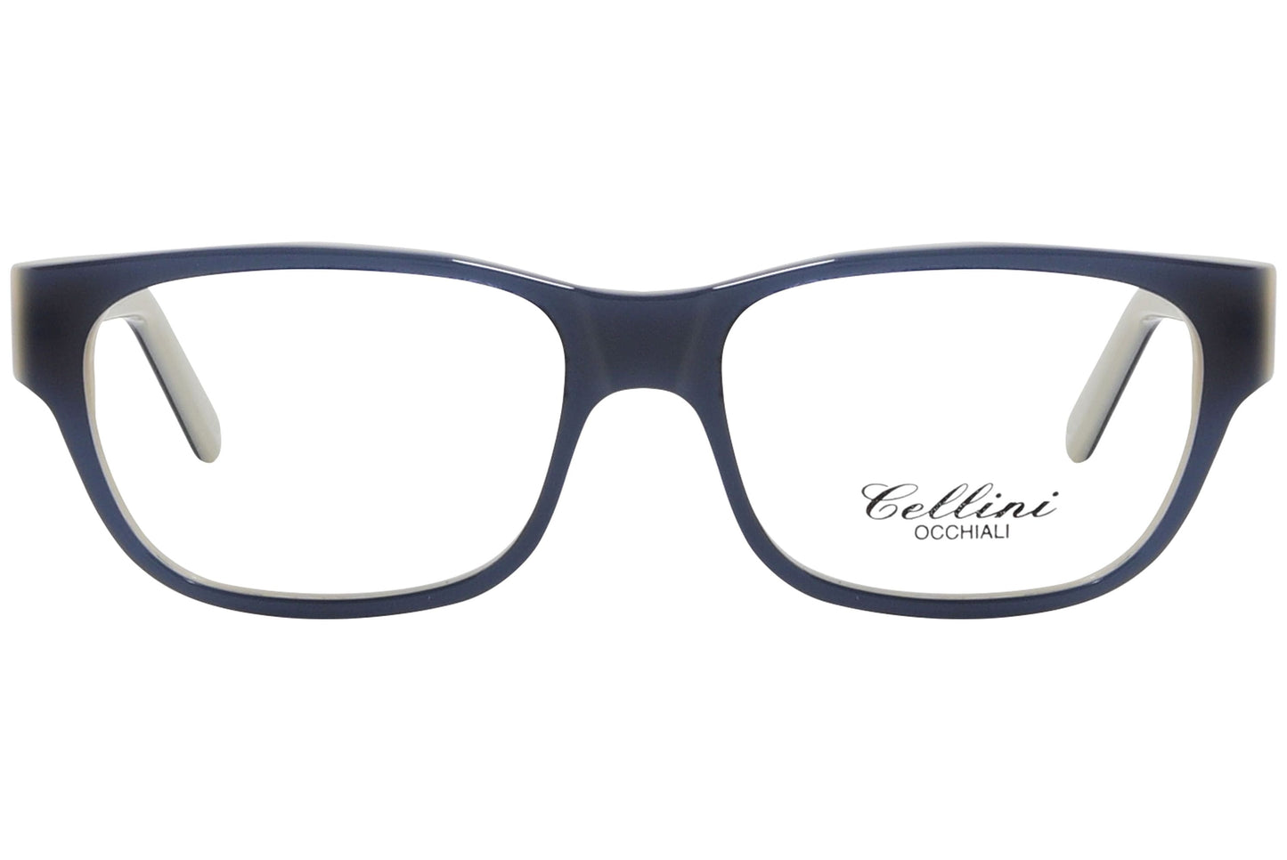 cellini wayfarer blue eyeglasses frame viewed from front angle.