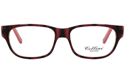 cellini wayfarer red eyeglasses frame viewed from front angle.