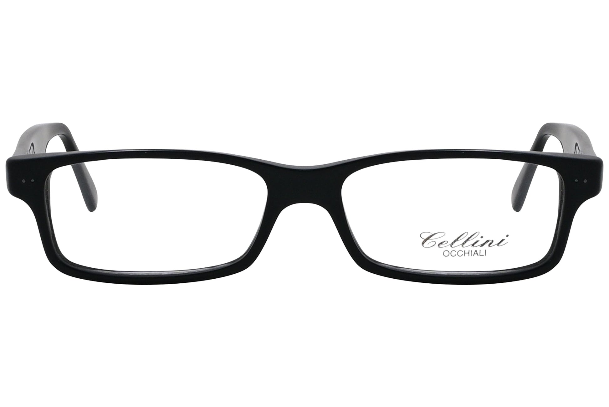 cellini rectangle black eyeglasses frame viewed from front angle.