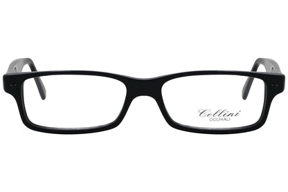 cellini rectangle black eyeglasses frame viewed from front angle.