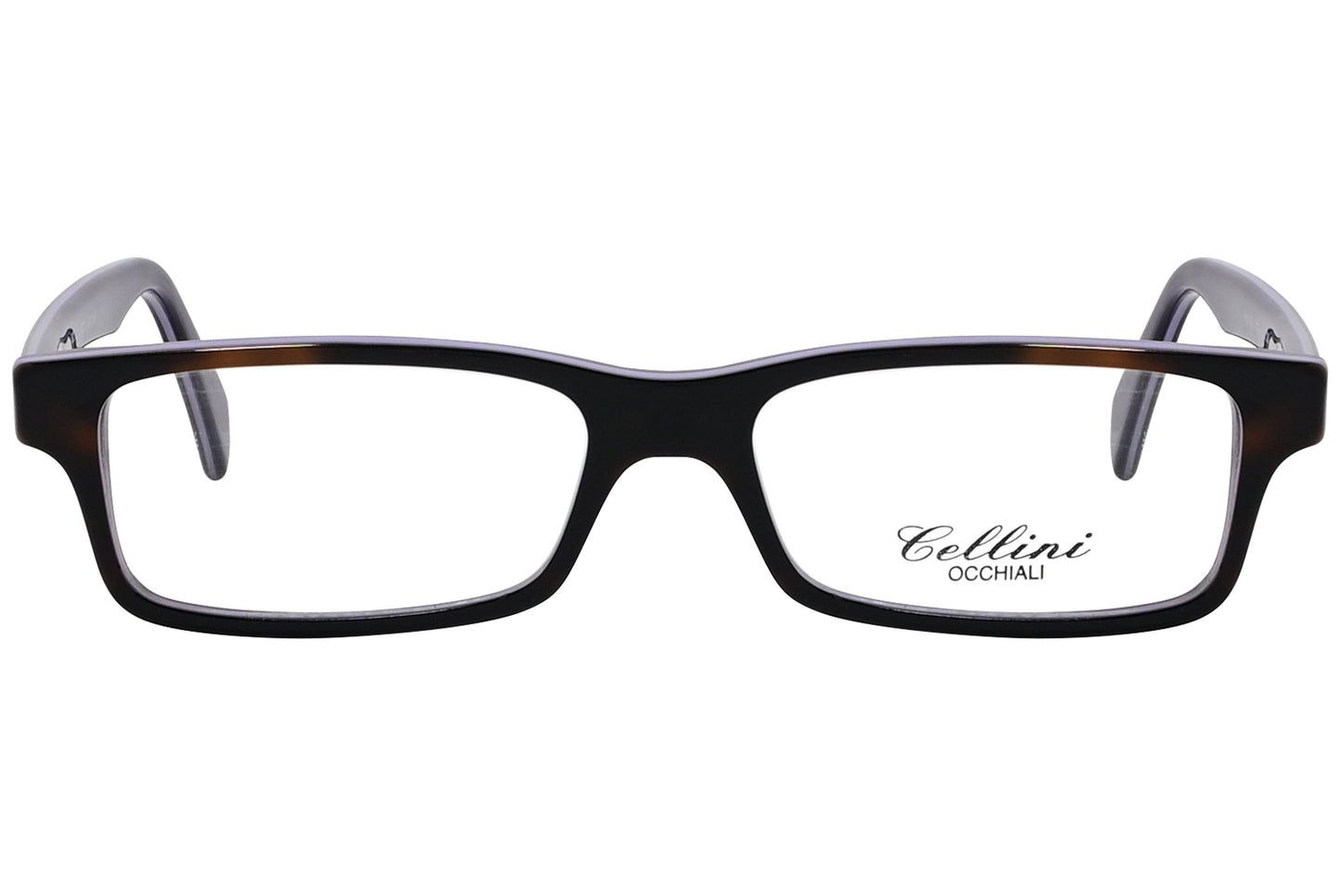 cellini rectangle tortoise eyeglasses frame viewed from front angle.