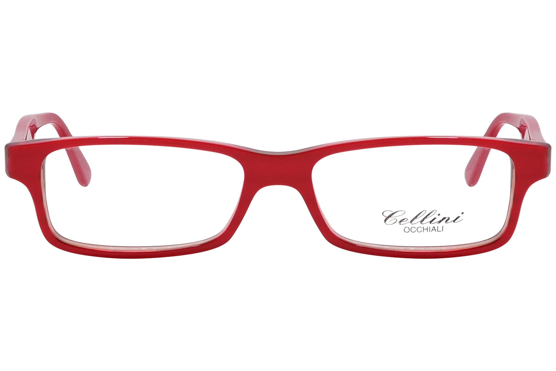 cellini rectangle red eyeglasses frame viewed from front angle.