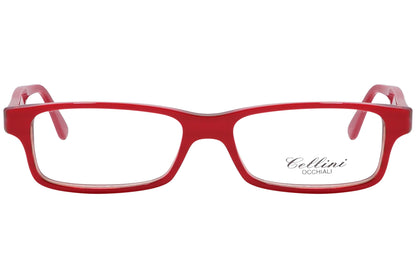 cellini rectangle red eyeglasses frame viewed from front angle.