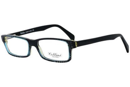 cellini rectangle blue eyeglasses frame viewed from a 45-degree angle.