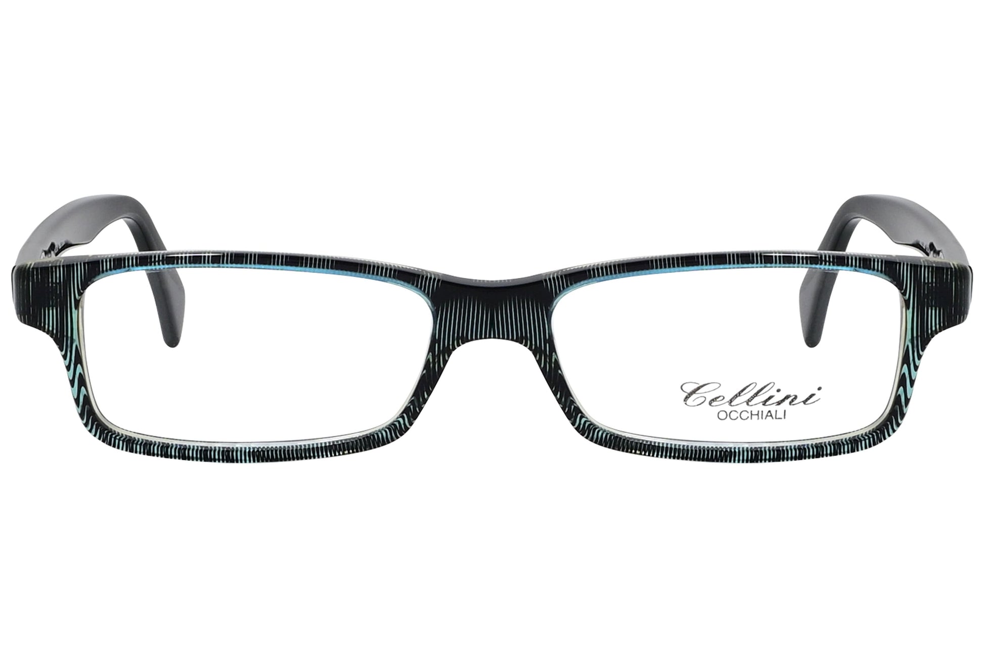 cellini rectangle blue eyeglasses frame viewed from front angle.