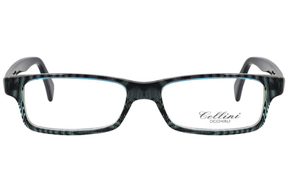 cellini rectangle blue eyeglasses frame viewed from front angle.