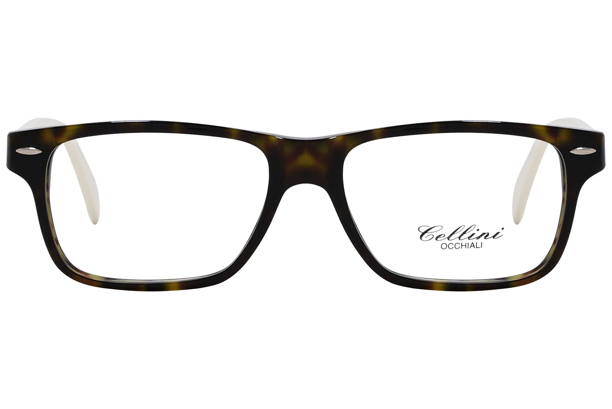 cellini rectangle white eyeglasses frame viewed from front angle.