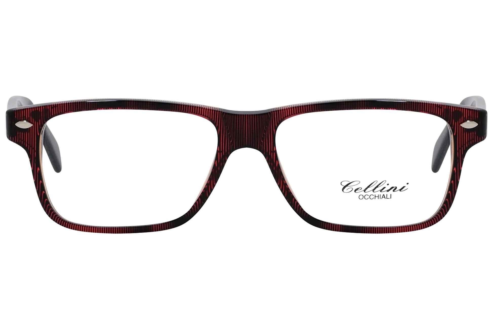 cellini wayfarer red eyeglasses frame viewed from front angle.