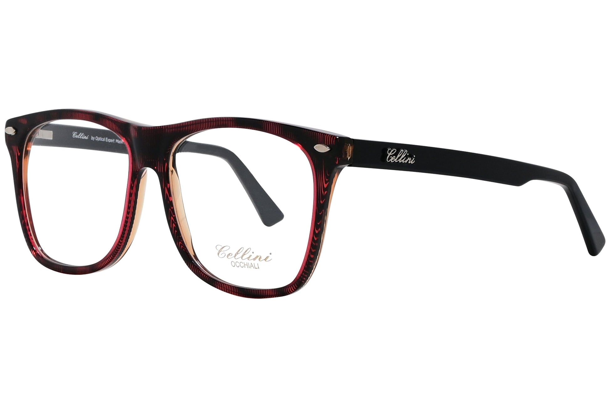 cellini square red eyeglasses frame viewed from a 45-degree angle.