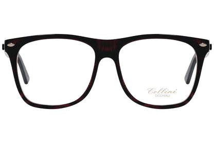 cellini square red eyeglasses frame viewed from front angle.