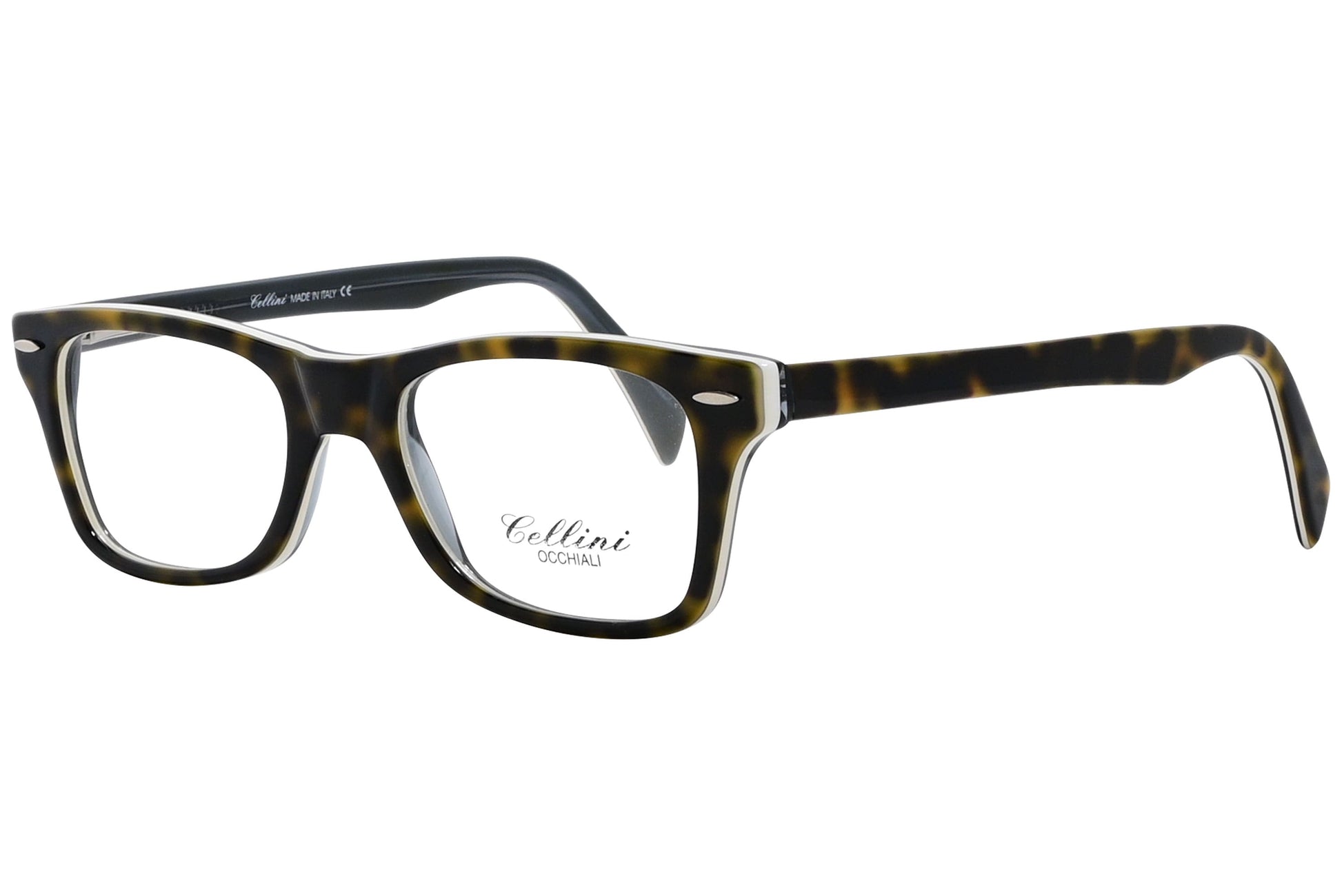 cellini rectangle tortoise eyeglasses frame viewed from a 45-degree angle.