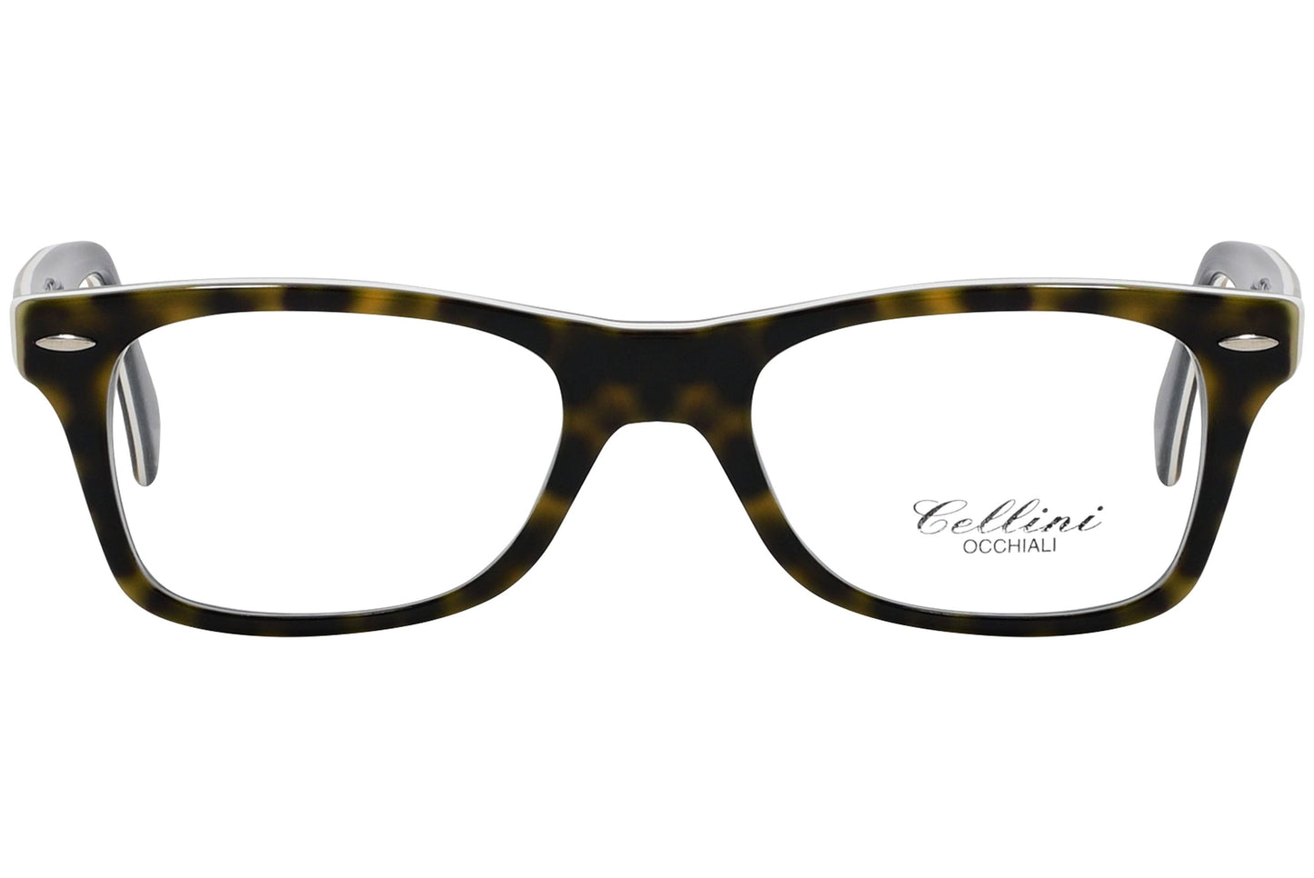 cellini rectangle tortoise eyeglasses frame viewed from front angle.