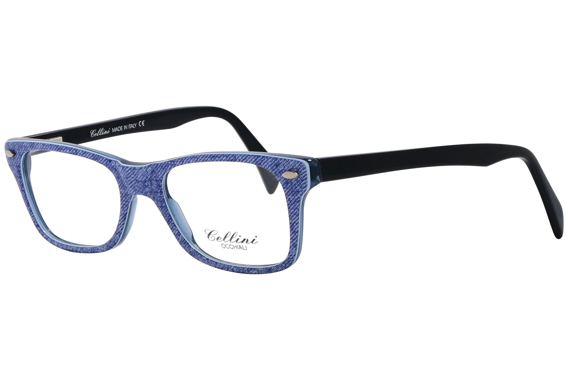 cellini wayfarer blue eyeglasses frame viewed from a 45-degree angle.