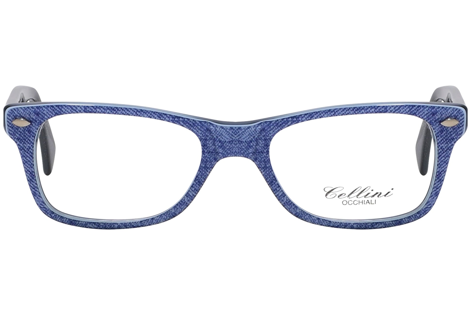 cellini wayfarer blue eyeglasses frame viewed from front angle.