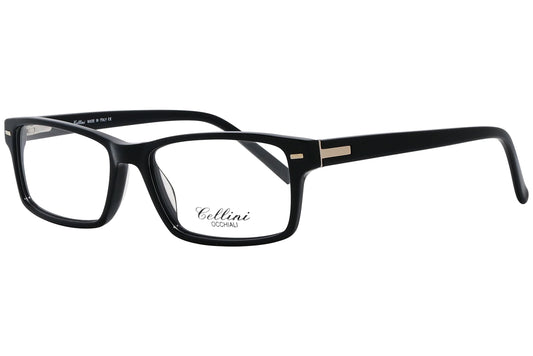 cellini rectangle black eyeglasses frame viewed from a 45-degree angle.