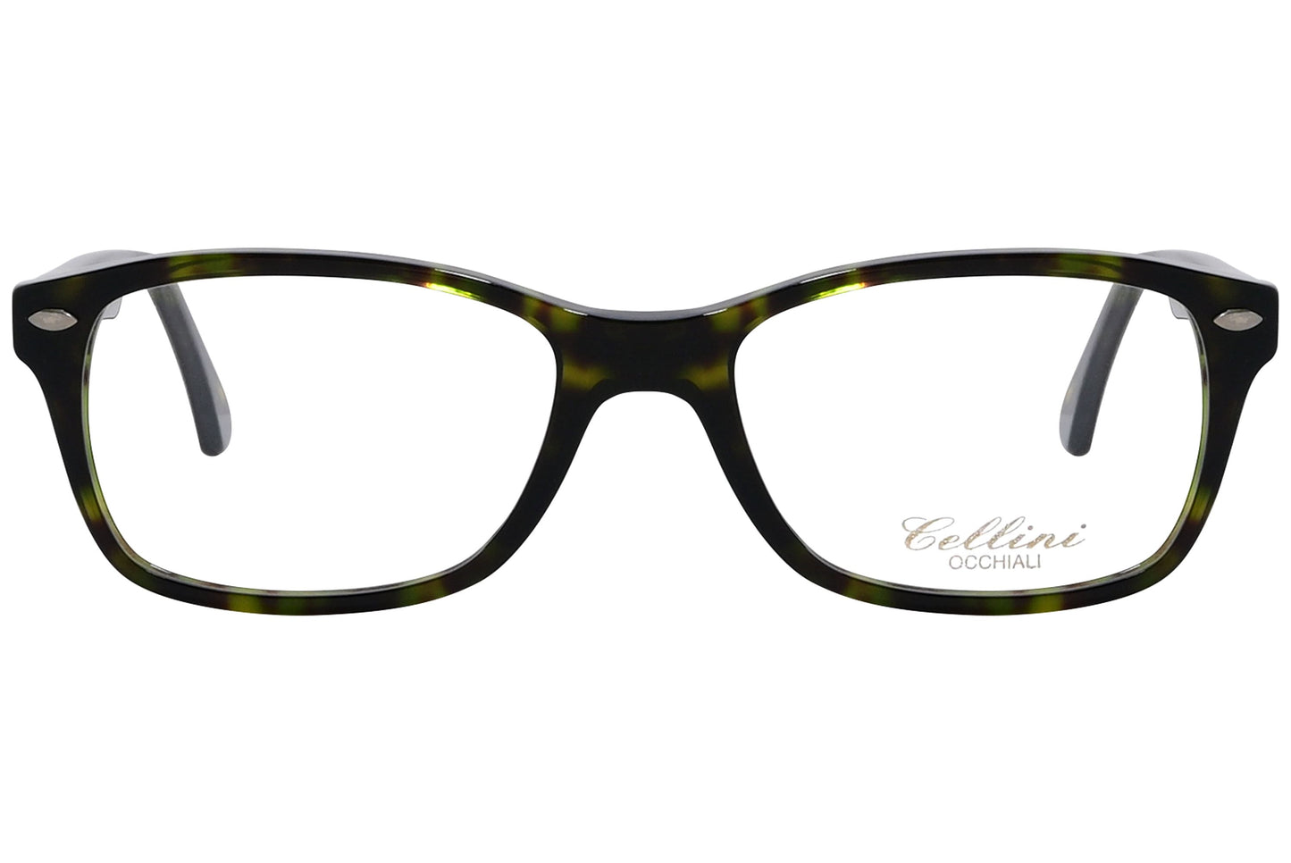 cellini rectangle tortoise eyeglasses frame viewed from front angle.