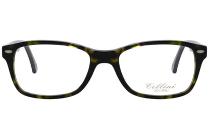 cellini rectangle tortoise eyeglasses frame viewed from front angle.