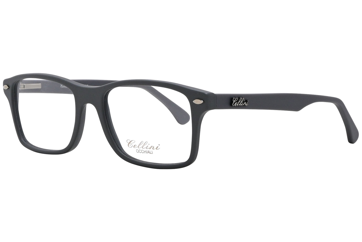 cellini wayfarer gray eyeglasses frame viewed from a 45-degree angle.