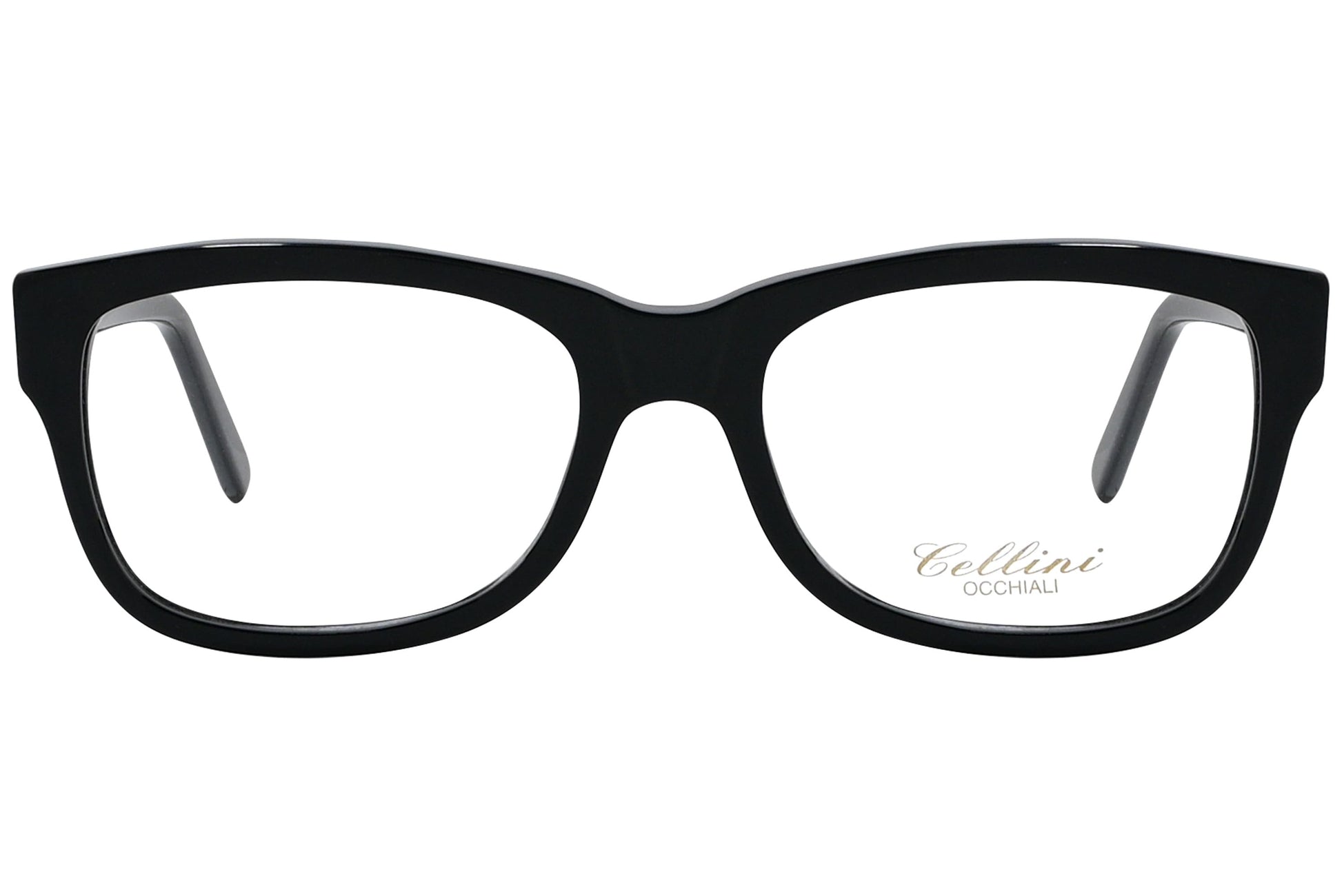 cellini rectangle black eyeglasses frame viewed from front angle.