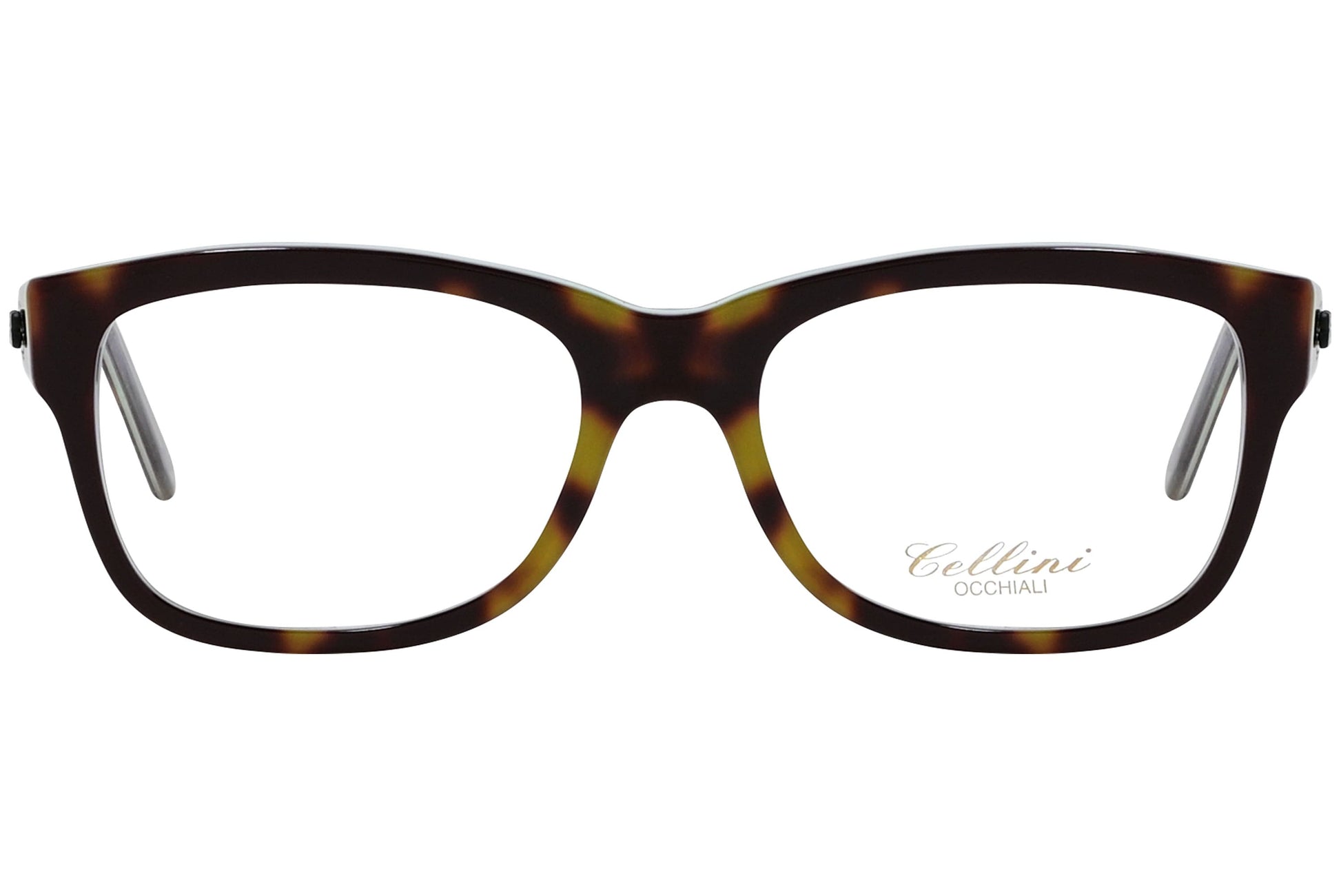 cellini rectangle tortoise eyeglasses frame viewed from front angle.