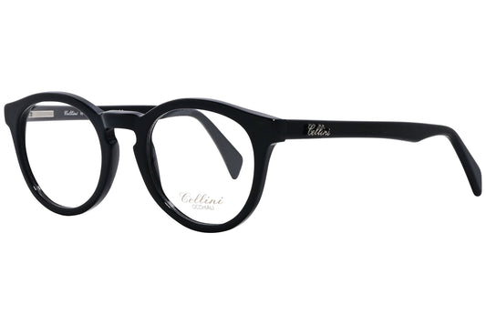 cellini round black eyeglasses frame viewed from a 45-degree angle.