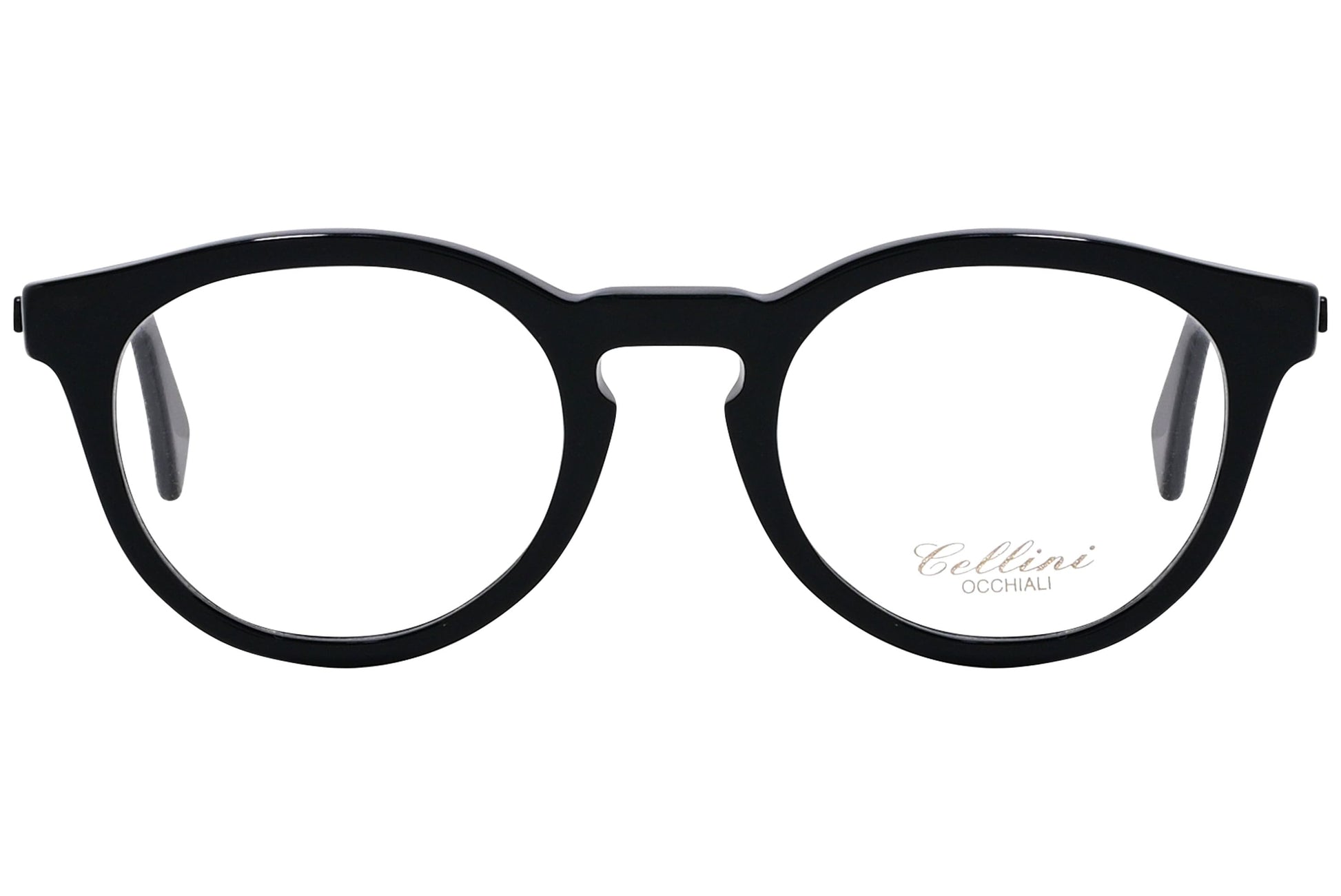 cellini round black eyeglasses frame viewed from front angle.