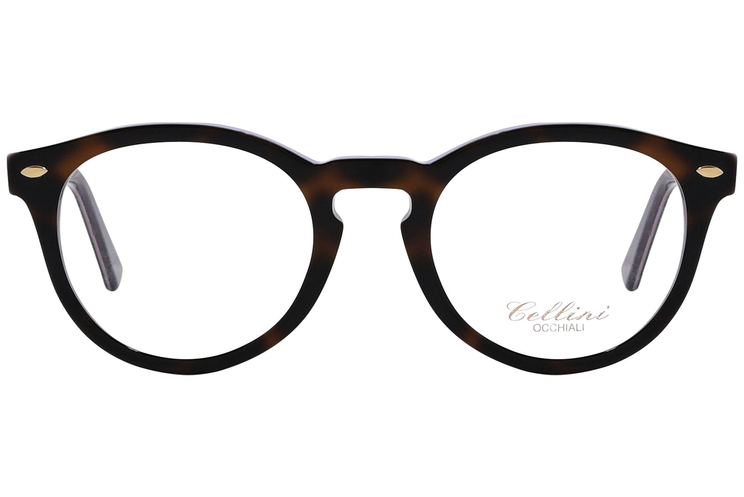 cellini round brown eyeglasses frame viewed from front angle.