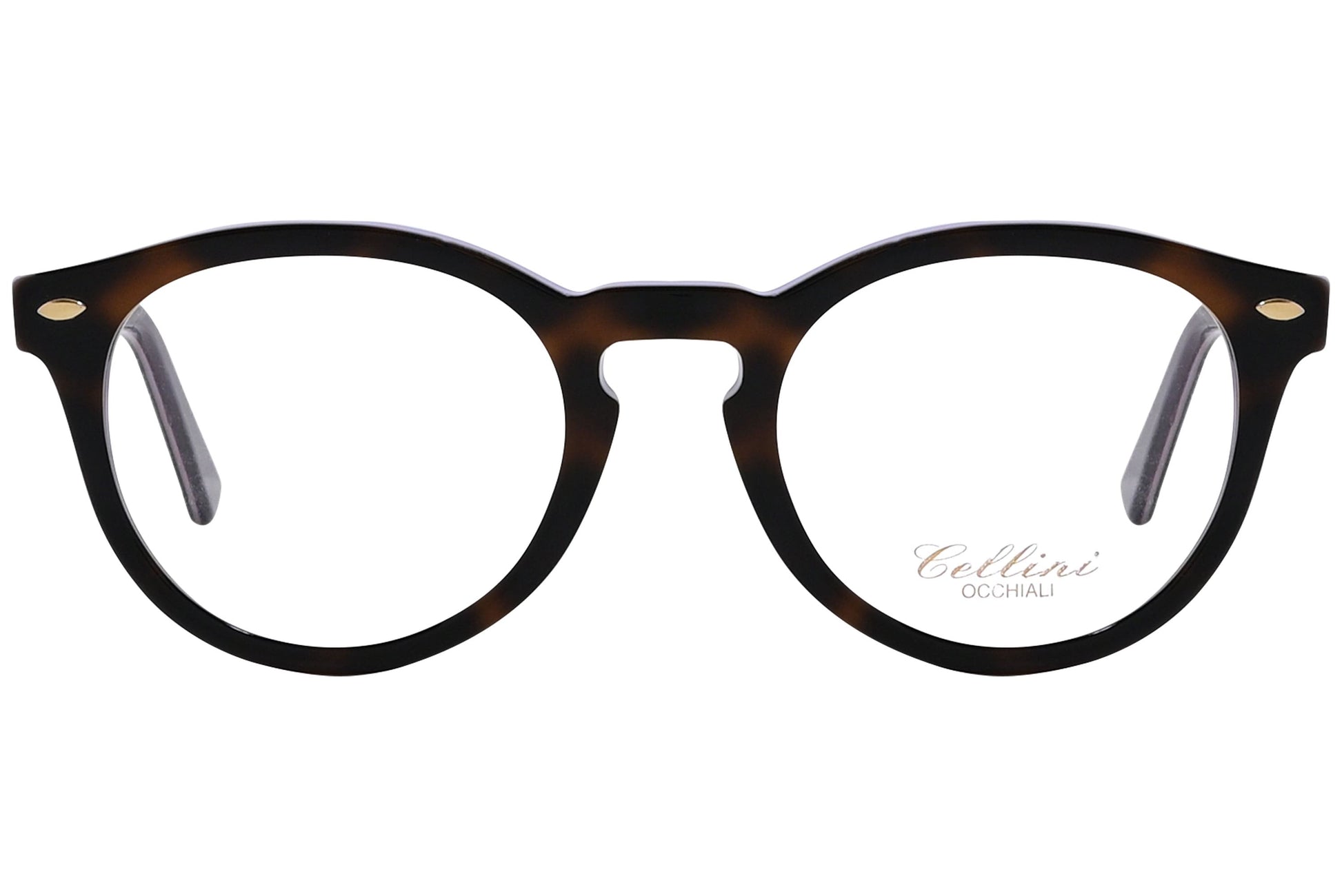 cellini round brown eyeglasses frame viewed from front angle.