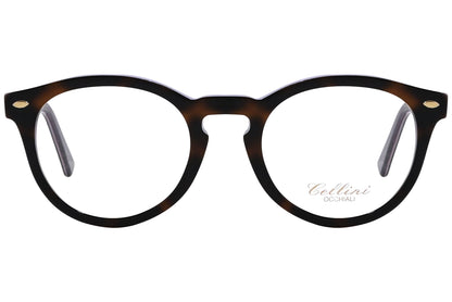 cellini round brown eyeglasses frame viewed from front angle.