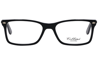 cellini rectangle black eyeglasses frame viewed from front angle.