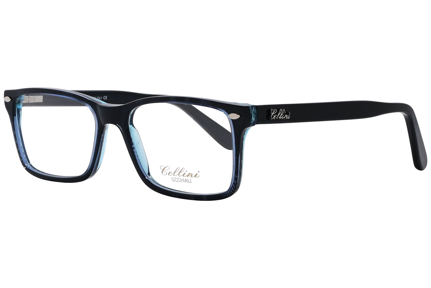 cellini rectangle blue eyeglasses frame viewed from a 45-degree angle.