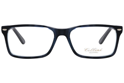 cellini rectangle blue eyeglasses frame viewed from front angle.