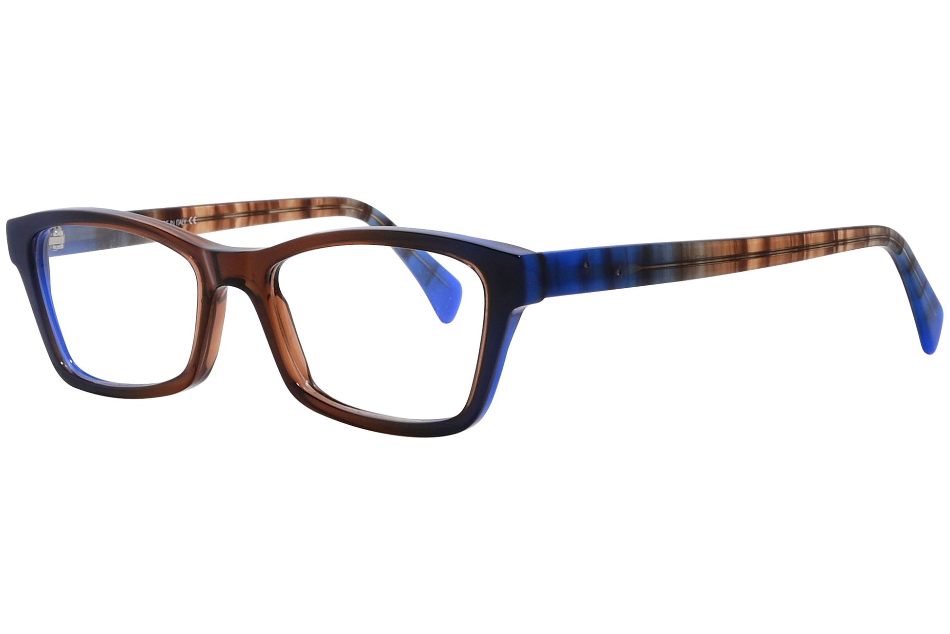 cellini rectangle multicolored eyeglasses frame viewed from a 45-degree angle.