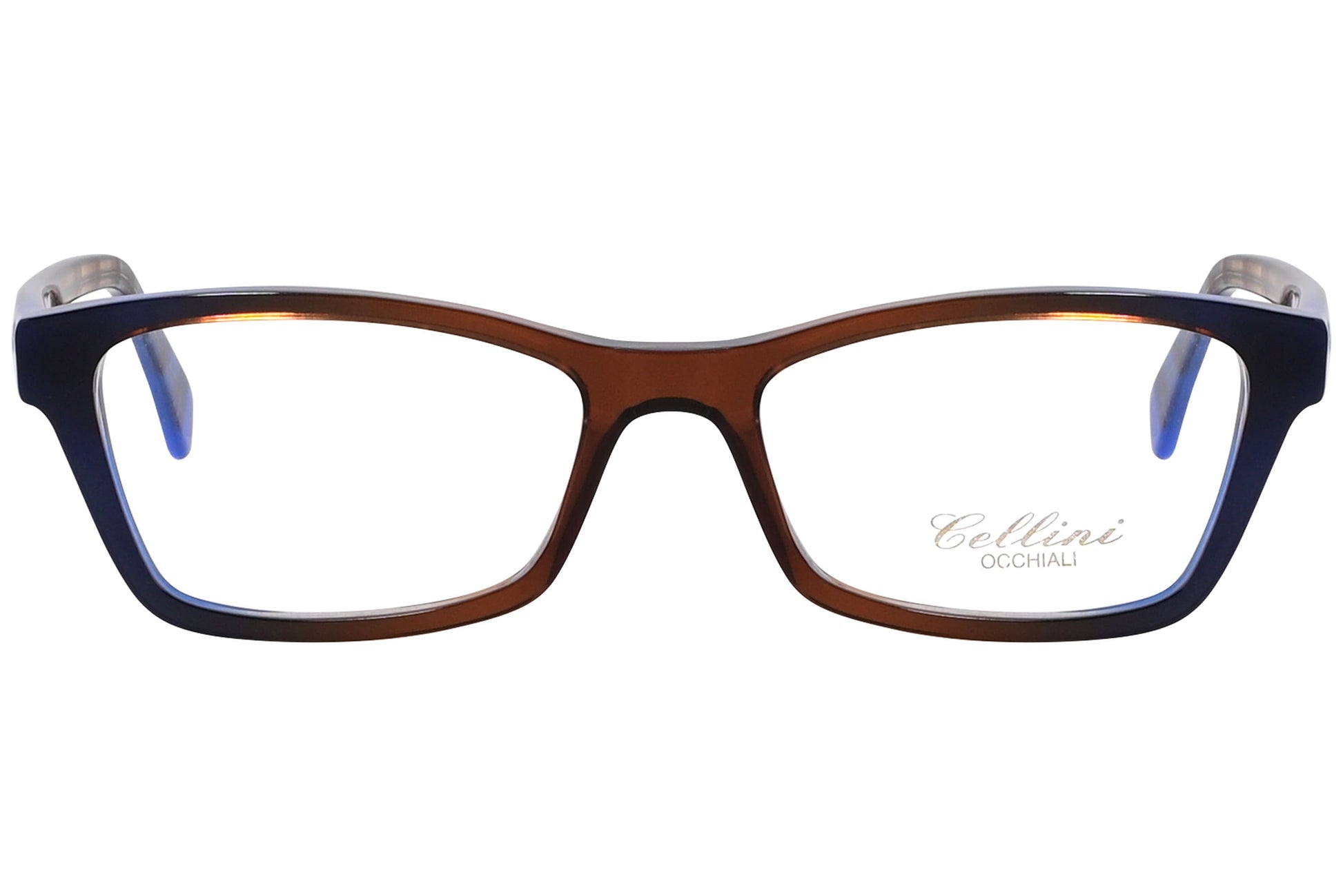 cellini rectangle multicolored eyeglasses frame viewed from front angle.