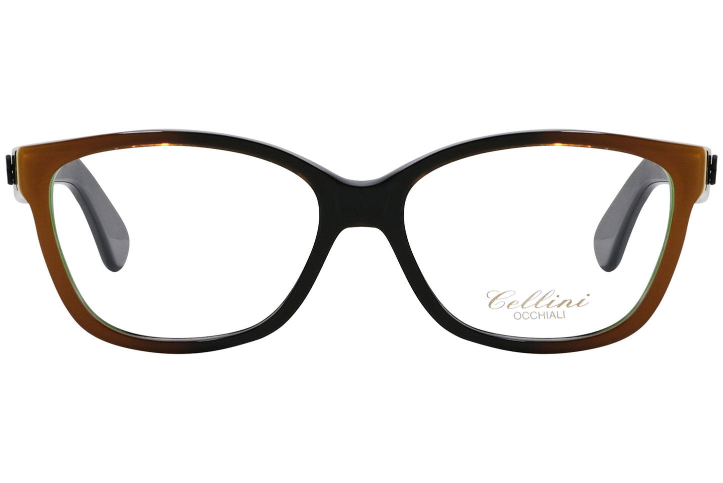 cellini rectangle multicolored eyeglasses frame viewed from front angle.