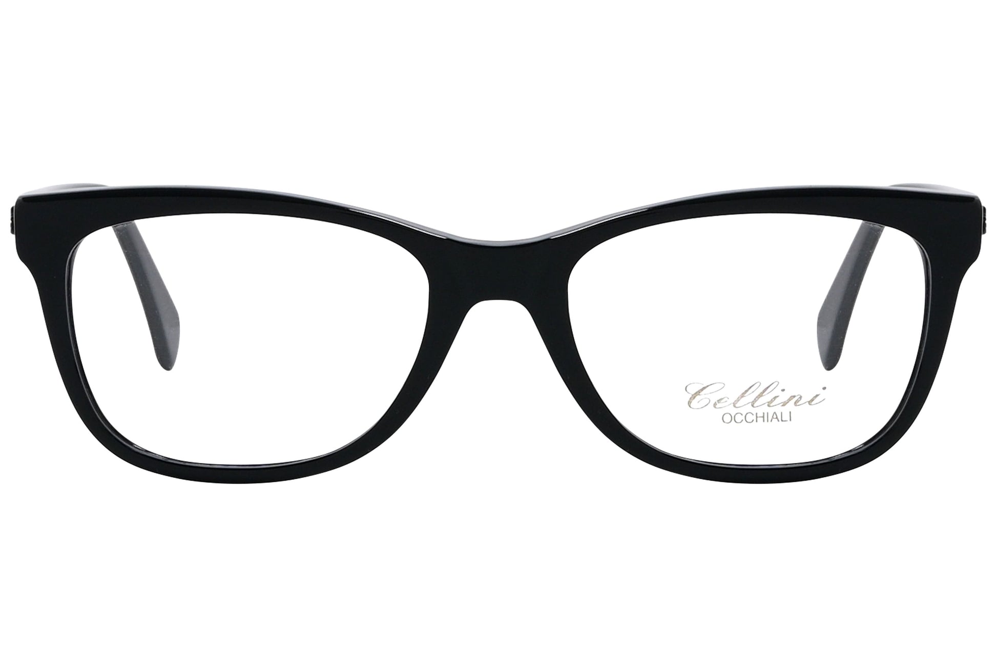 cellini rectangle black eyeglasses frame viewed from front angle.