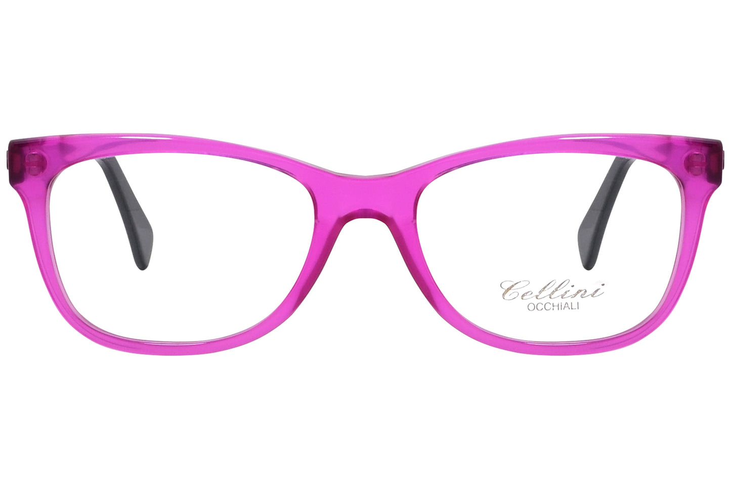 cellini rectangle pink eyeglasses frame viewed from front angle.