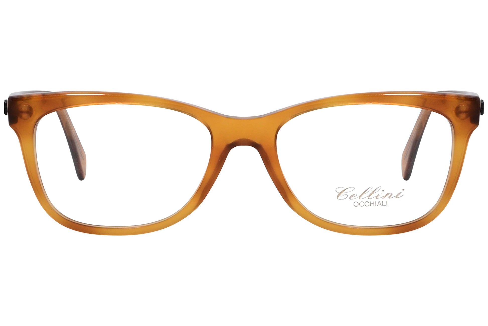 cellini rectangle orange eyeglasses frame viewed from front angle.