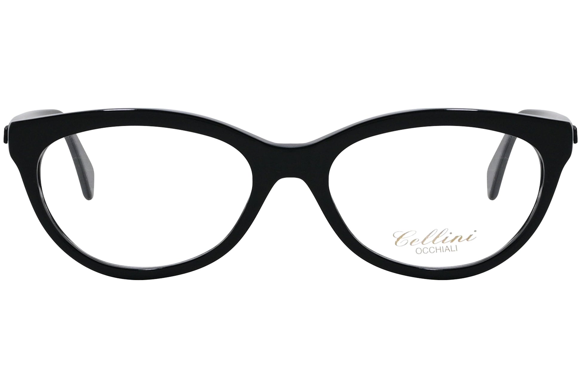 cellini oval black eyeglasses frame viewed from front angle.