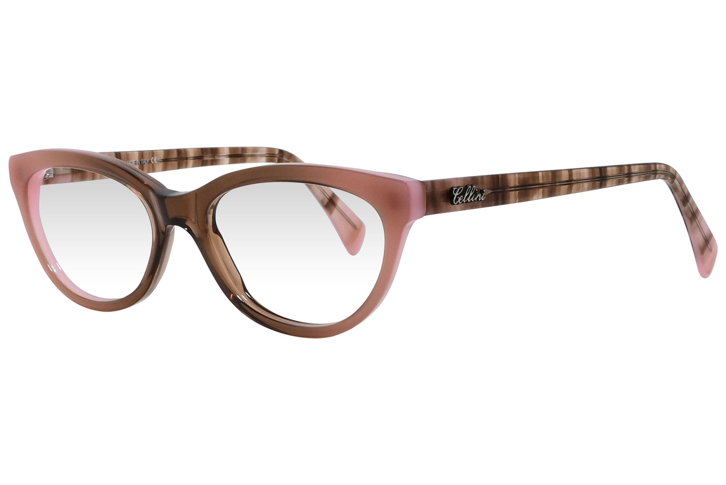 cellini oval pink eyeglasses frame viewed from a 45-degree angle.